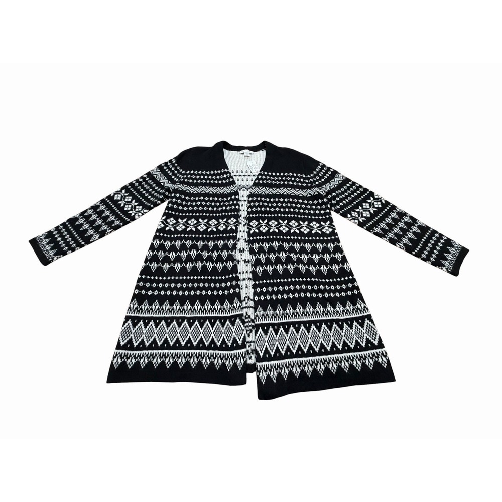 Christopher & Banks Women Sweater XL Black White Holiday Fair Isle Open Cardigan